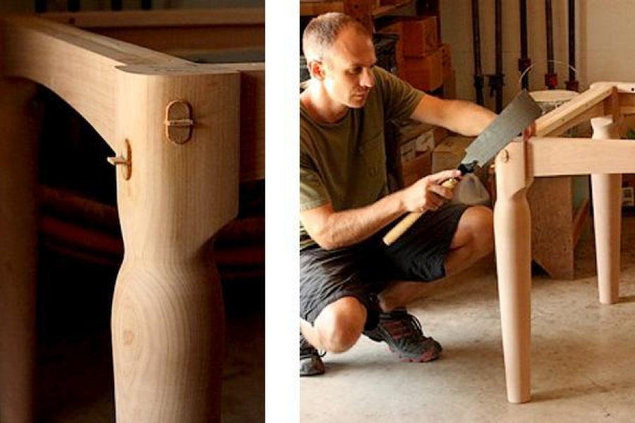 Austin sawing tenons flush with table leg