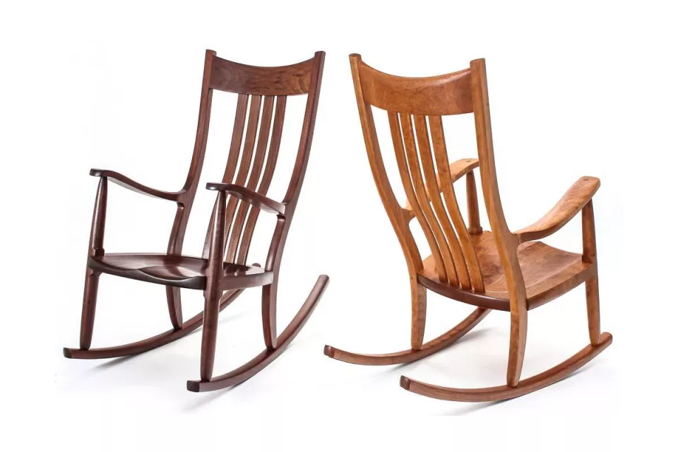 two Weeks rocking chairs, cherry and walnut in studio