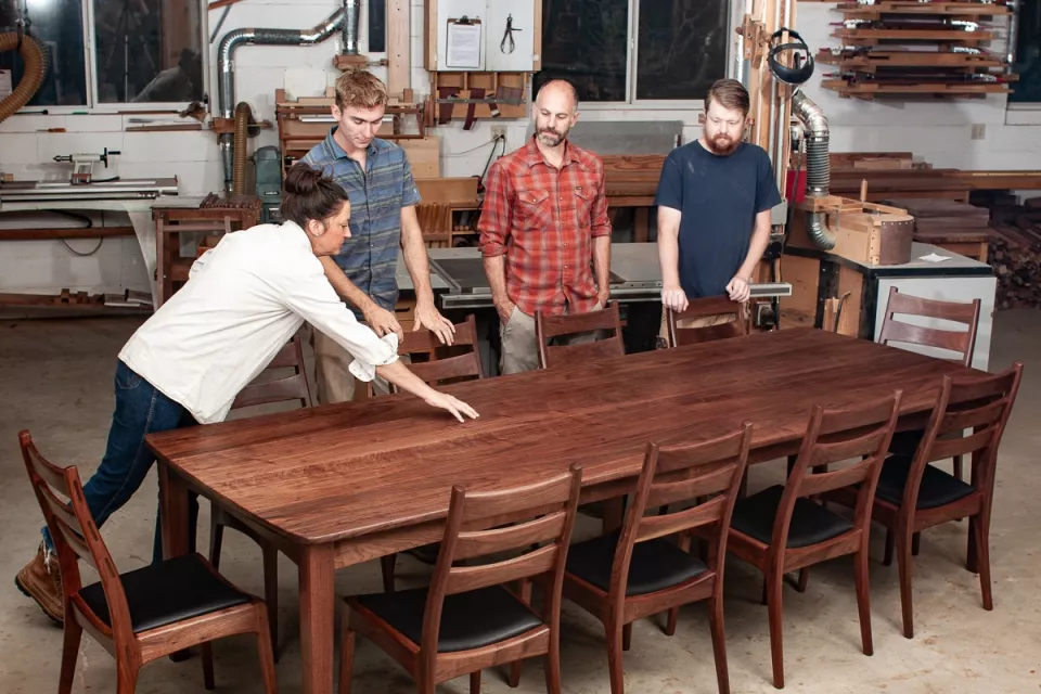 staff, walnut dining table and dining chairs