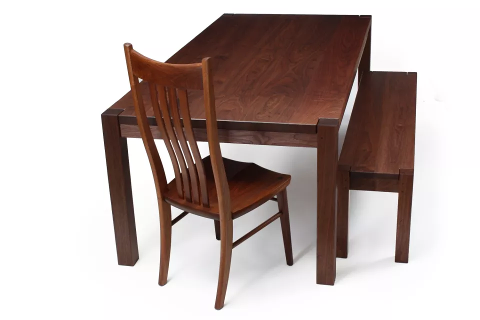 Steele table, bench, and Wilson dining chaira