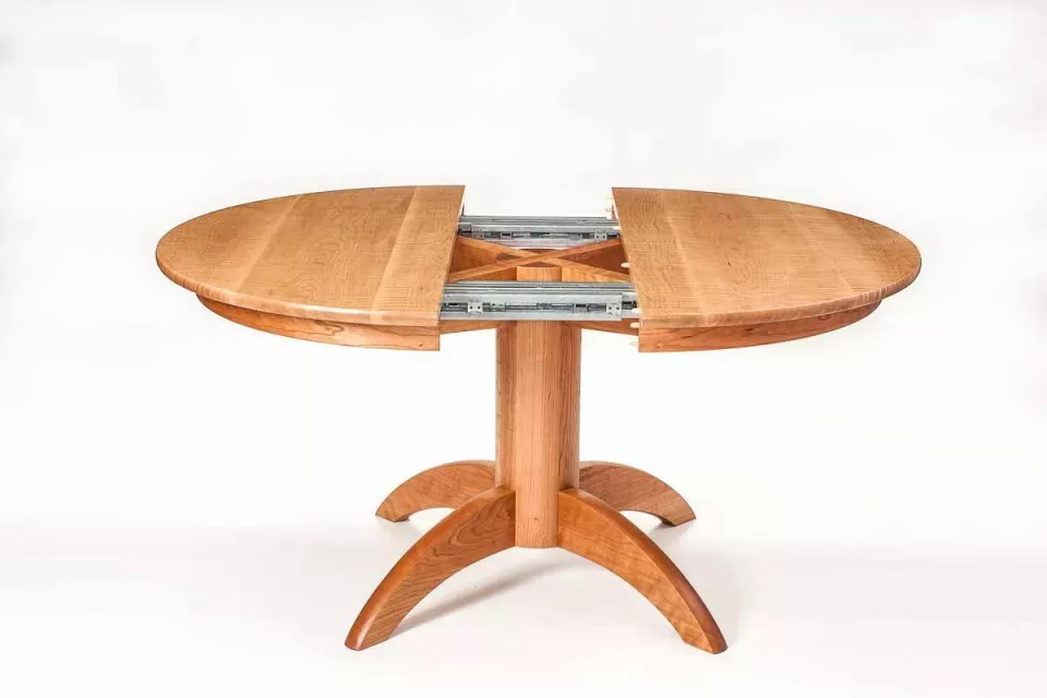 pedestal extension table open for leaf