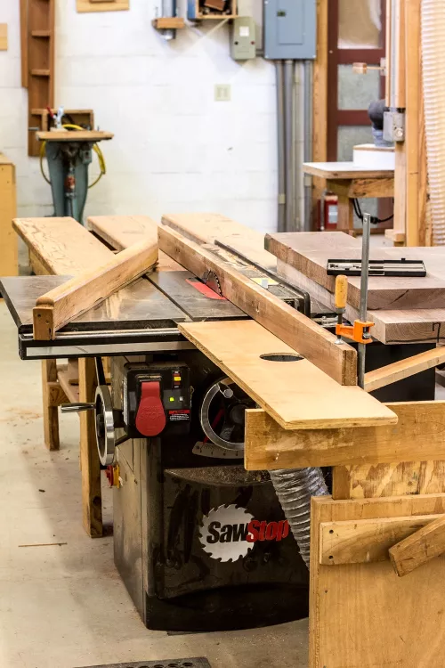 Table saw set up for sawing rocker laminations