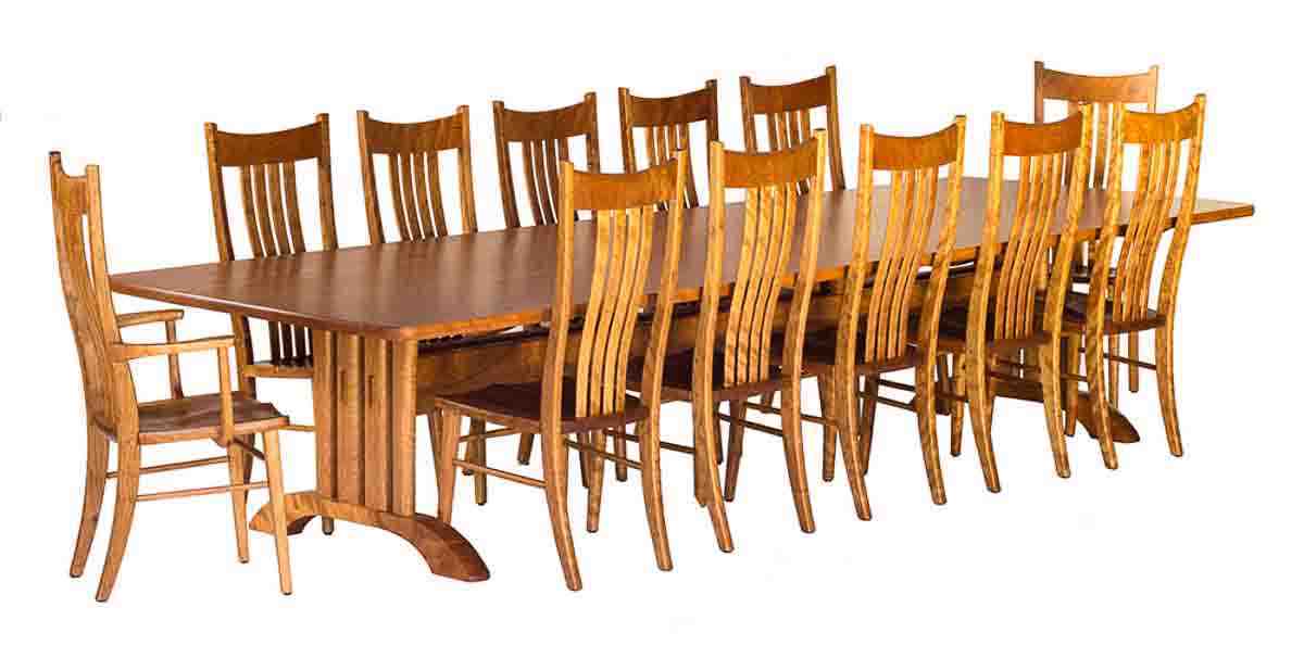 14 foot long trestle table and 12 chairs, studio view