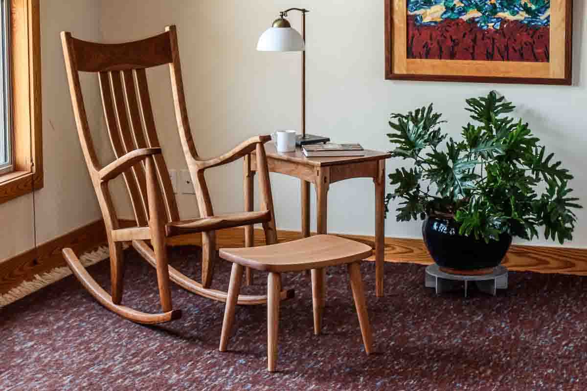 rocking chair, footstool, and side table