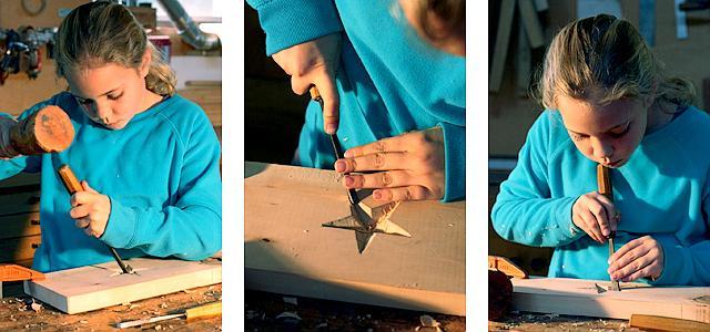 film strip of Bela carving at the bench